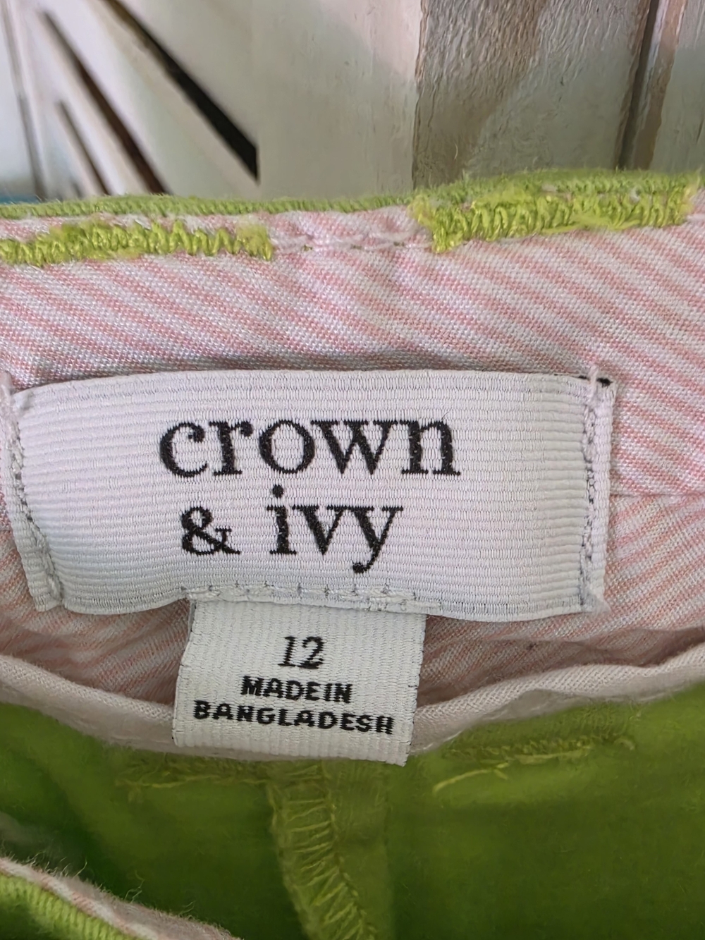 Crown & Ivy SET- Pink and Lime Swirl Print Blouse & Lime Pants SZ L - Picture 10 of 12